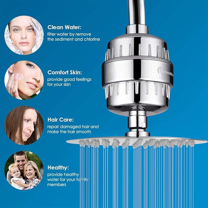 NearMoon Shower Head and 15 Stage Shower Filter Combo, High Pressure Filtered Shower for Hard Water, Improves the Condition of Your Skin, Hair (8 Inch, Chrome)