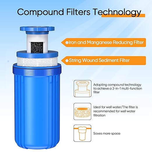 PUREPLUS 1-Stage Whole House Water Filter, with Iron Manganese Reducing Water Filter, for Well Water, 10"x4.5" Universal Housing