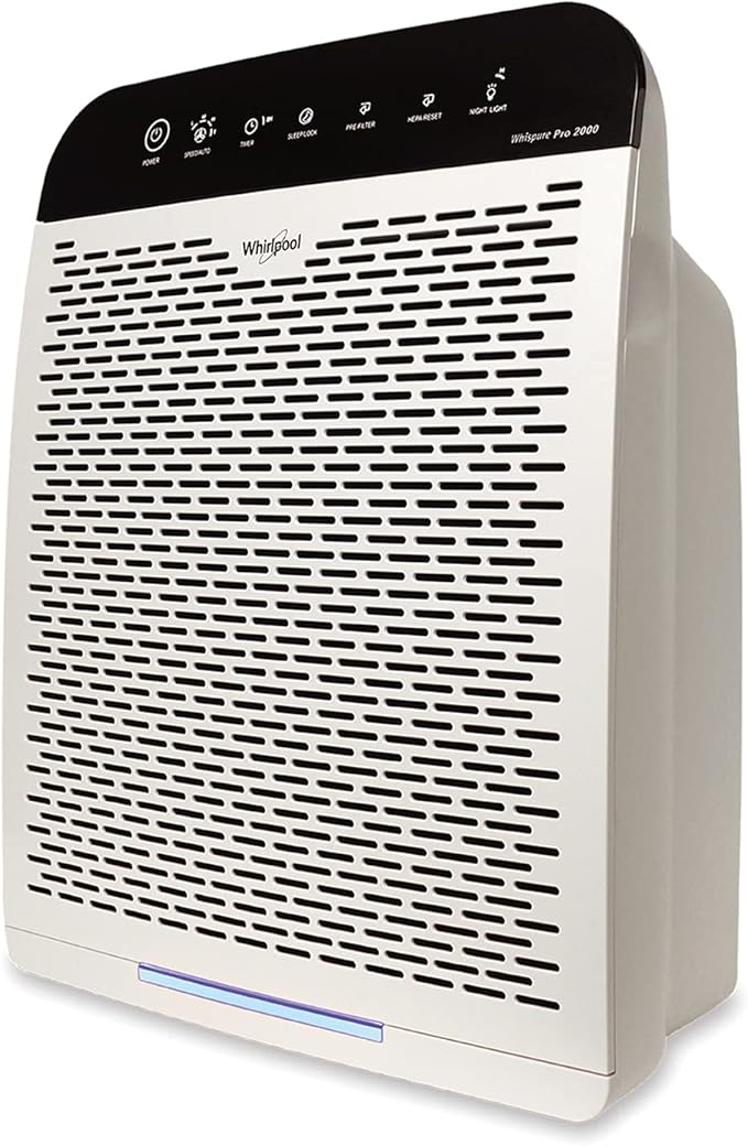 Whirlpool WPPRO2000P Whispure True Hepa Air Purifier, Activated Carbon, 508 Sq Ft, Smart Auto Mode, Ideal for Allergies, Odors, Pet Dander, Mold, Smoke, Wildfire, Germs - Pearl White