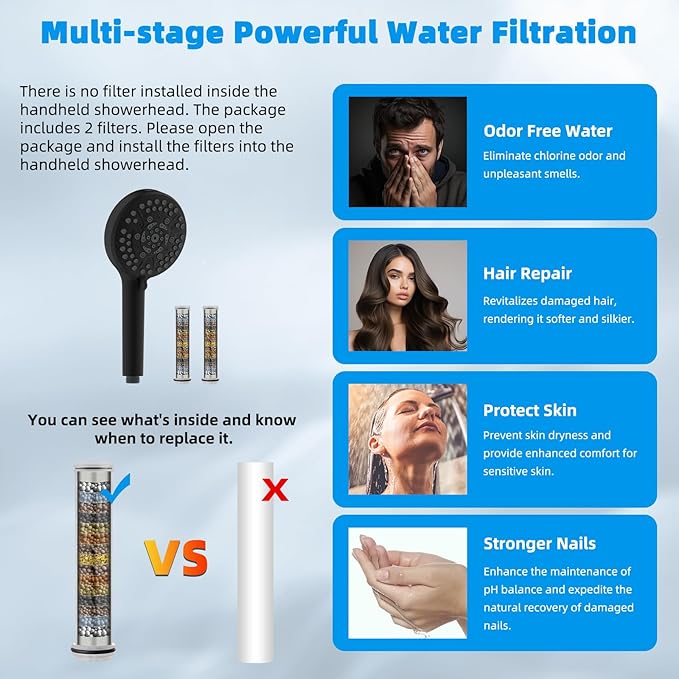 Hibbent Upgraded 5-spray 13'' Dual Filtered Rainfall Shower Head Combo, High Pressure 10-setting Handheld Shower Head with 12'' Adjustable Extension Arm, 20 Stage Shower Filter, 71'' Hose, Matte Black