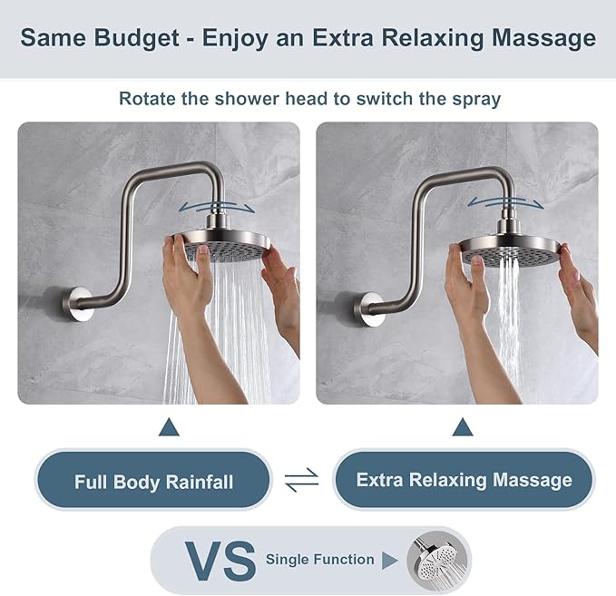 BRIGHT SHOWERS High Pressure Shower Head, 6 Inch Rain Shower Head, 2 Spray Settings Rainfall Shower Heads, Adjustable Angle Replacement Bathroom Showerhead, Easy Installation Brushed Nickel