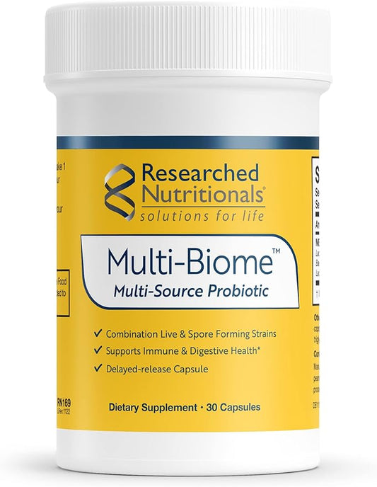 Researched Nutritionals Probiotics for Digestive Health - Multi-Biome - Live & Spore Based Probiotics for Gut Health & Immune Support + Healthy Histamine & Cytokine Activity (30 Capsules)