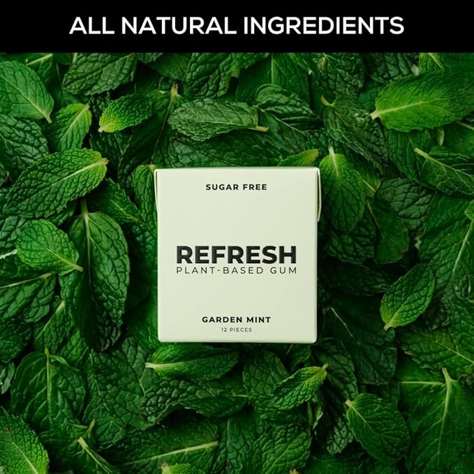 Refresh Gum, Xylitol, Natural, Sugar Free, Plastic Free, Aspartame Free, Natural Flavors & Organic Ingredients, Plant-Based, Low Calorie, Non GMO, Gluten Free, Vegan, Garden Mint Flavor, 12 Pcs, 5 Pack