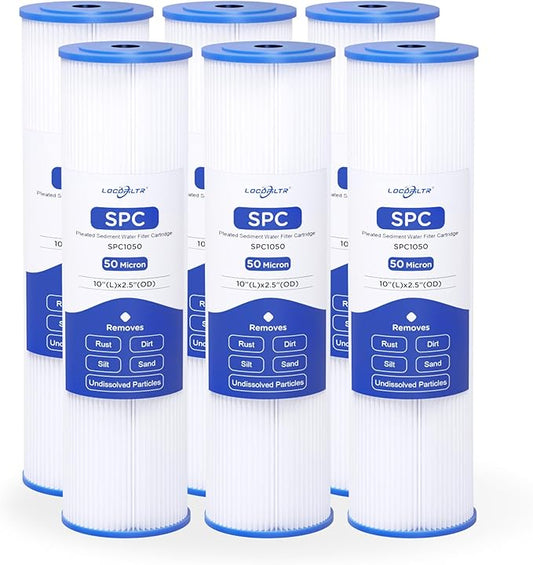 Whole House 50 Micron 10" x 2.5" Pleated Sediment Well Water Filter Cartridge Replacement for W50PE, SPC-25-1050, ECP50-10, R50, FM-50-975, WHKF-WHPL, WPC50-975 & Cold Plunge Water Chiller (Pack of 6)