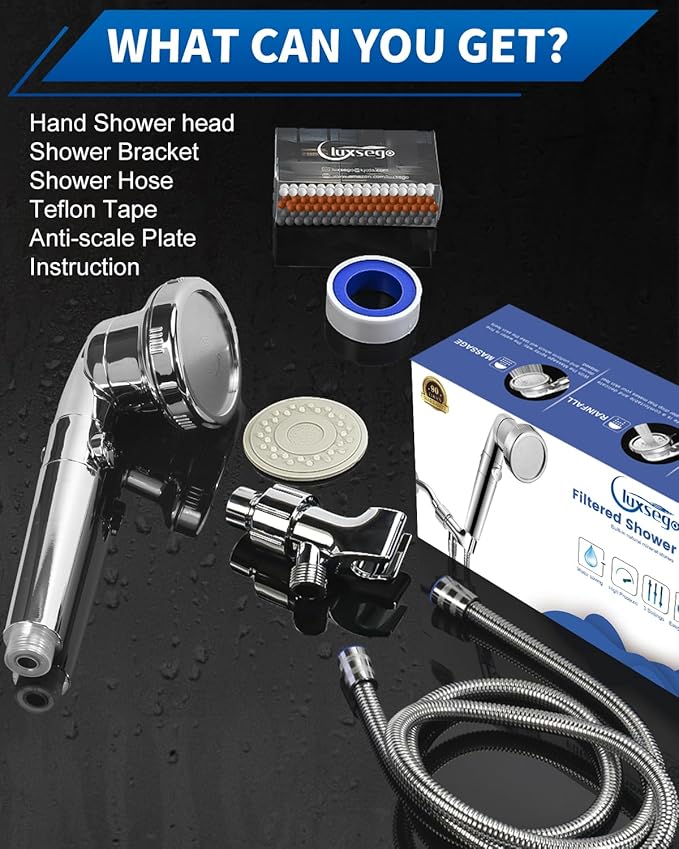 Luxsego Filtered Shower Head for Hard Water with Stop, High Pressure 4-Mode Shower Heads Built-in Power Spray to Clean Corner, Tub & Pets, Water Softener Handheld Shower to Remove Chlorine & Fluoride