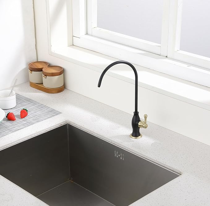 Delle Rosa Drinking Water Faucet, Solid Brass Kitchen Water Filter Faucet, Commercial Water Filtration Faucet for Under Sink Water Filter System Black& Gold