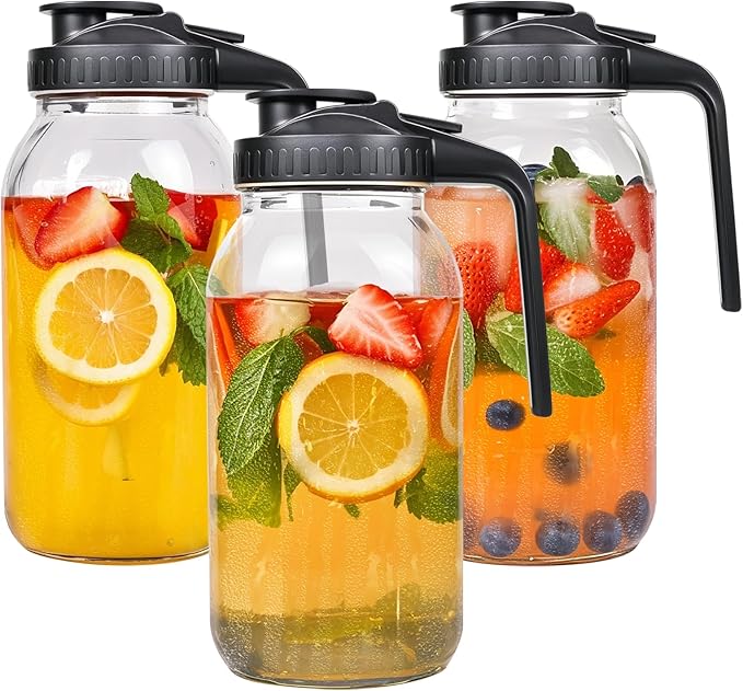 3 Pack 64oz Glass Mason Jar Pitcher with Airtight Lid and Handle – Wide Mouth, Leak-Proof, Ideal for Sun Tea, Cold Brew, Lemonade, Iced Coffee, Milk, and Water (Black)