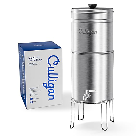 Culligan with MaxClear Technology 3 Gallon Gravity Water Filter System, Brushed Countertop Ceramic Water Filter NSF/ANSI Certified to Reduce Lead, Microplastics & Total PFAS, with 1 Filter