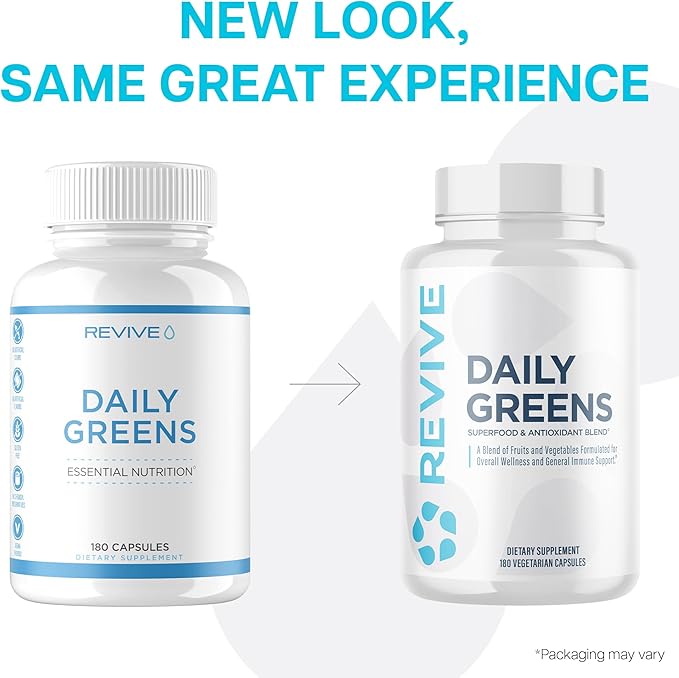 Revive MD Daily Greens Supplement for Men & Women - Superfood & Antioxidant Blend with Digestive Enzymes, Prebiotics & Probiotics for Immune Support, Digestive & Gut Health - 180 Capsules