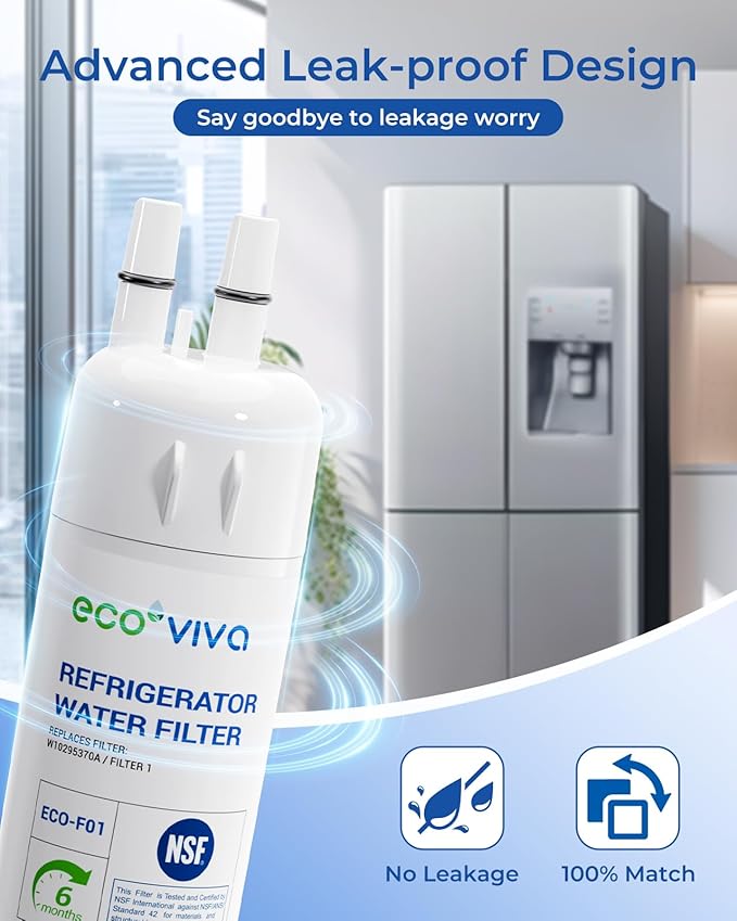Ecoviva W10295370A Water Filter Replacement, Compatible with Everydrop® EDR1RXD1, EDR1RXD1B, W10295370, Filter 1, WHR1RXD1, KAD1RXD1, P4RFKB2, P8RFWB2L,Kenmore® 46-9930, 46-9081, Pack of 2