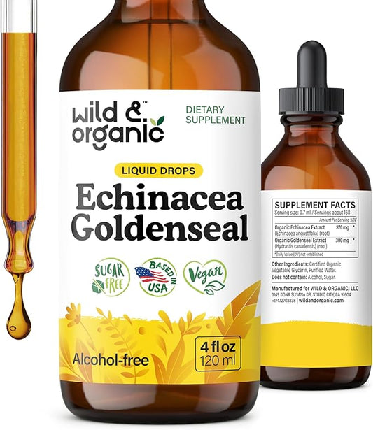 Wild & Organic Echinacea Goldenseal Tincture - Immune Support Drops with Echinacea and Goldenseal Root Extract - Vegan, Sugar & Alcohol-Free Liquid Supplement - 4 fl oz
