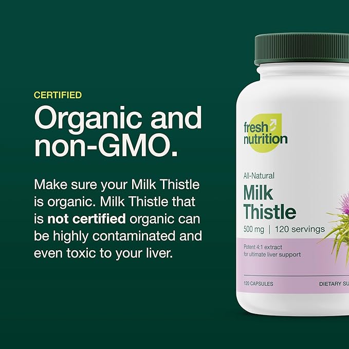 item_name - Fresh Nutrition Organic Milk Thistle Supplement - 500mg Potent Strength – 4 Month Supply – Silymarin Thistle Seed Standardized Extract 4:1 - Made in The USA - 120 Capsules