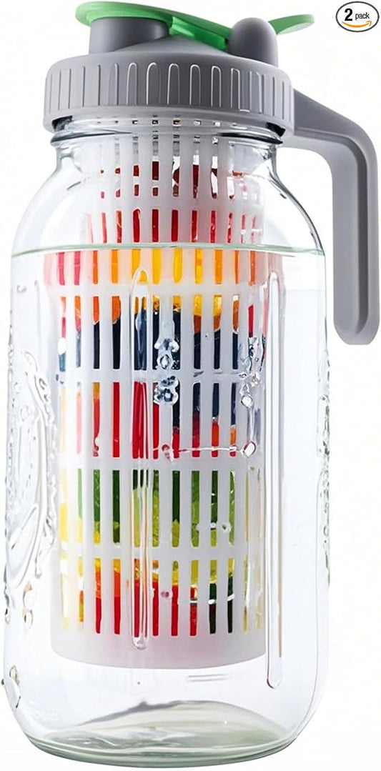 2 Quart Glass Mason Jar Water Pitcher With Fruit Infuser 64 Oz Wide Mouth Infused Cold Hot Water Jug Carafe With Lid Half Gallon For Coffee Sun Tea Lemonade Juice Homemade Drinks Container