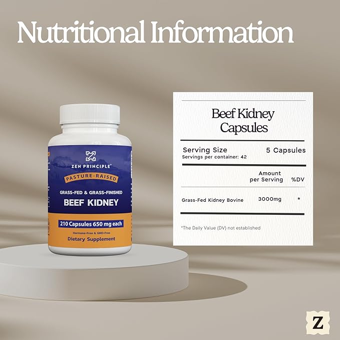 Zen Principle Grass Fed Beef Kidney Supplement, 210 Capsules, 3000 mg. DAO Enzyme for Histamine Health. Selenium and B12 for Thyroid Support.