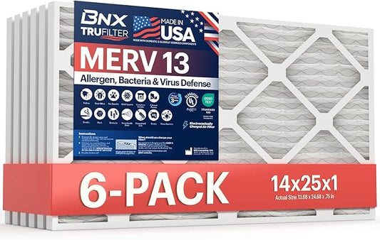 BNX TruFilter 14x25x1 Air Filter MERV 13 (6-Pack) - MADE IN USA - Electrostatic Pleated Air Conditioner HVAC AC Furnace Filters for Allergies, Pollen, Mold, Bacteria, Smoke, Allergen, MPR 1900 FPR 10