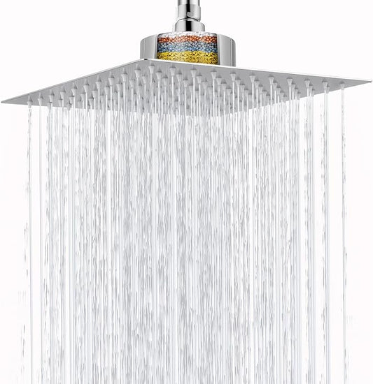 Large Rain Shower Head with Filtered - 12" All Metal Square Rainfall Showerhead Filter for Remove Chlorine and Harmful Substances, Chrome