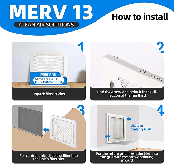 (4 Pack) 10x10x1 Furnace Air Filters, MPR 1900 & FPR 10, MERV 13 Pleated Air Filter (Actual Size: 9.75x9.75x0.75 inch)