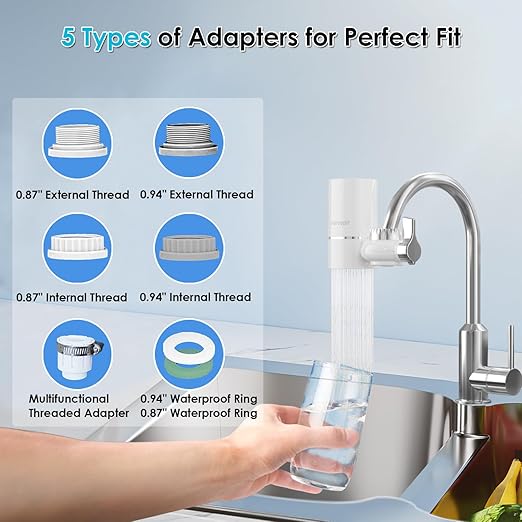 2 Faucet Water Filter for Sink, Rapid Flow - 400 Gallons Faucet Mount Water Filtration System for Tap Water, NSF Certified Reduces Chlorine & Bad Taste with 4 Replacement, T1