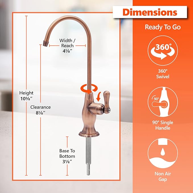 Express Water Deluxe Water Filter Faucet – Brushed Copper Faucet – 100% Lead-Free Drinking Water Faucet – Compatible with Reverse Osmosis Water Filtration Systems