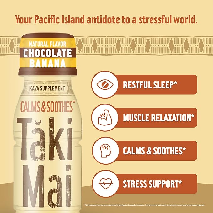 Taki Mai Chocolate Banana Kava Kava 2.5 oz (24-pack) Shots – Noble Kava Root Drink, Ready to Drink for Stress Support & Relaxation, Fast Acting Herbal Support for Calming Better Sleep and Balanced Mood