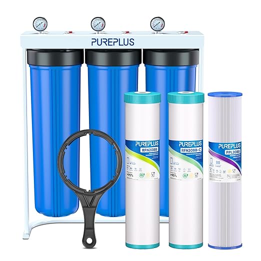 PUREPLUS 20-Inch 3-Stage Whole House Water Filter, Home Filtration System | Pleated Pre-Filter, Activated Carbon & Iron-Manganese Reducing | Built-in Pressure Gauges, with Steel Stand Frame