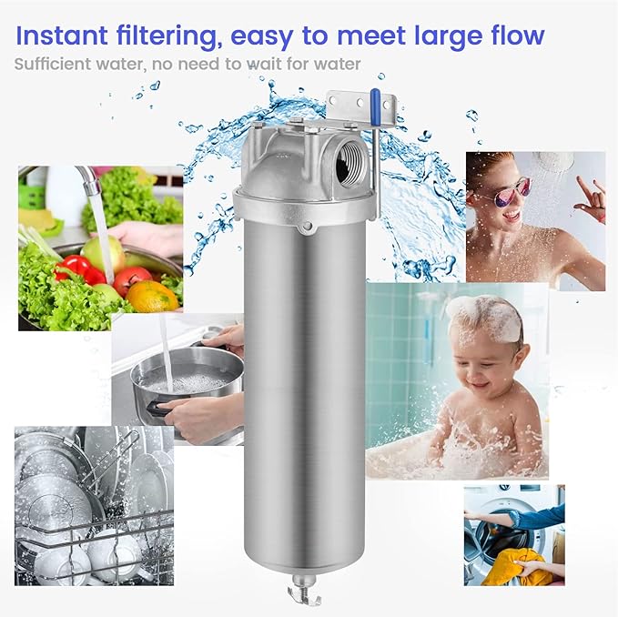 Amwater NSF/ANSI 42 Stainless Steel Whole House Water Filter Housing, 10" x 2.5" Sediment Water Filter System for Heavy Duty, Well & City Water, 3/4" NPT Port, Drain Valve Style A