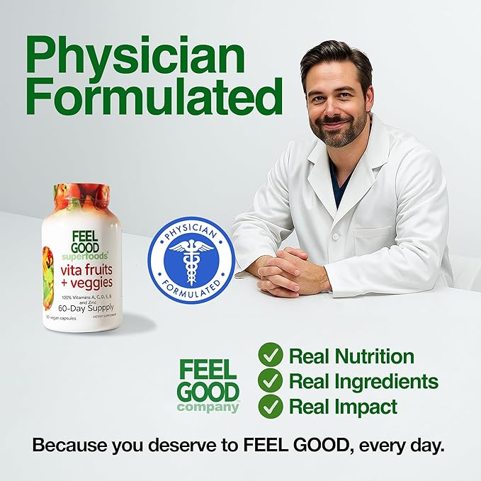 Vita Fruits and Veggies Capsules - 25 Superfood Ingredients, Fruit and Vegetable Multivitamin, 60 Count - For men and women - Vitamins A, C, D, E, B and Zinc