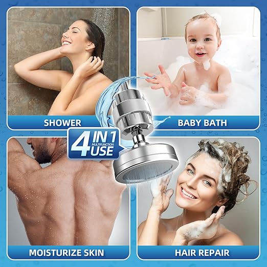 Filtered Shower Head High Pressure 15+2 Stage Filtration for Hard Water Softener Shower Heads Removes Chlorine & Harmful Substances - Vitamin C and E Infused Filter Showerhead for Skin Hair