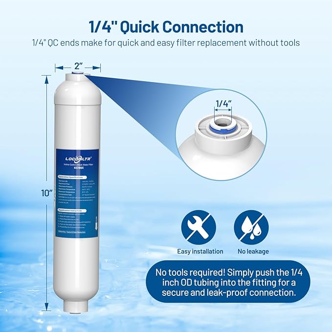 Inline Activated Carbon Block Water Filter with 1/4" Quick Connect, T33 In Line Water Filter Replacement Cartridge for Icemaker, Post Carbon Filter for RO Reverse Osmosis Water System (Pack of 3)