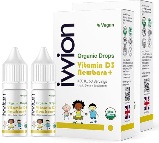 Organic Vegan 400IU, Vitamin D3, 60 Drops – Baby Drop for Infants & Toddlers | USDA Organic, Non-GMO, Plant-Based, No Additives or Preservatives, All Natural, Made in UK (Pack of 2)
