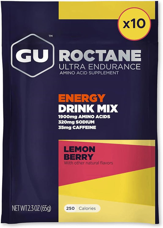 GU Energy Roctane Ultra Endurance Energy Drink Mix, Vegan, Gluten-Free, Kosher, Caffeine-Free, and Dairy-Free n-the-Go Energy for Any Workout, 10 Single-Serving Packets, Lemon Berry