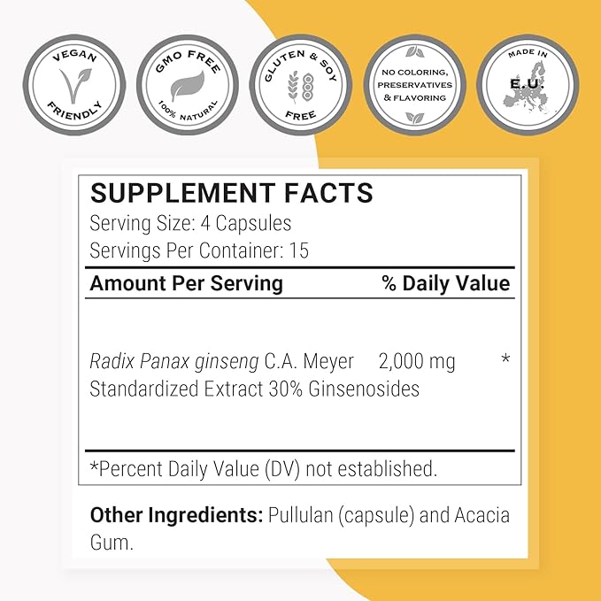 Supersmart - Ginseng 30% 2000mg per Day (High Strength) - Radix Panax Ginseng Supplement - Ginseng CA Meyer 30% Ginsenosides | Non-GMO & Gluten Free - 60 Vegetarian Capsules