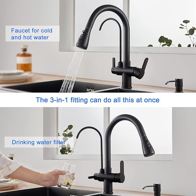3 in 1 Kitchen Faucet with Drinking Water Faucet, 18 inch Pull Down Spray Kitchen Sink Faucet Filter Faucet (Matte Black)