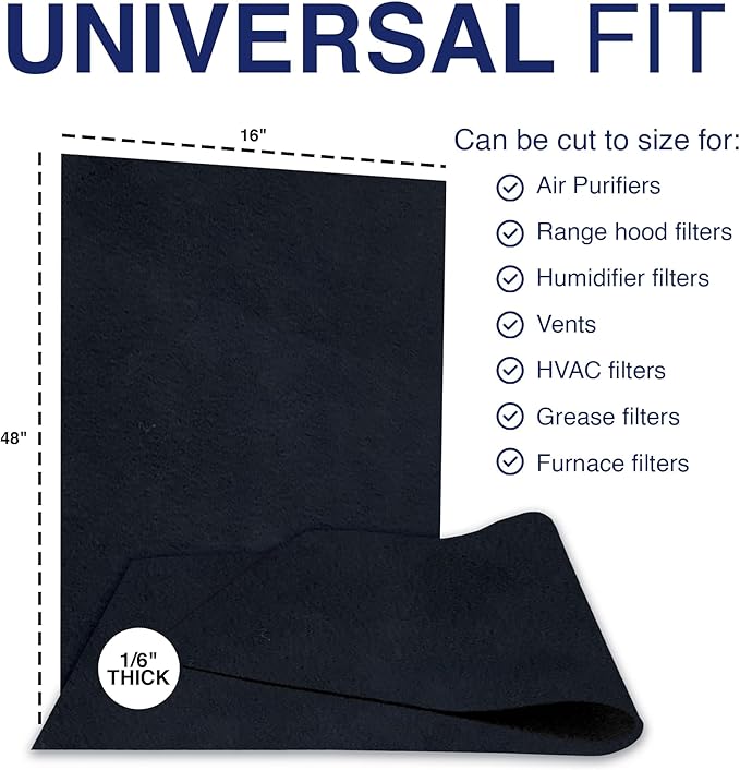 Cut To Fit Air Filter - Carbon Pad Pre Filter for Air Purifiers, AC, Furnace, Trash Cans and Dust, 1/6" thick, 16" x 48" Sheets (2-pack)