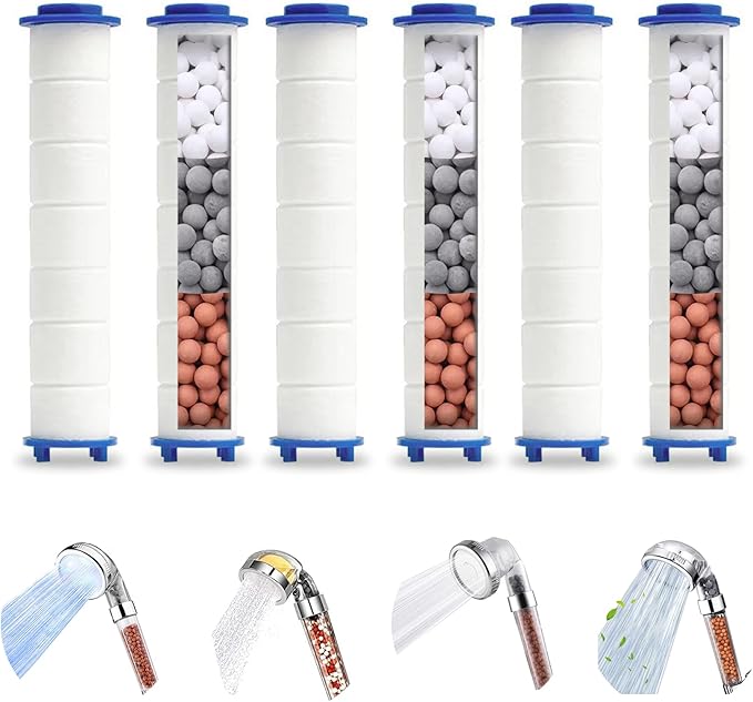 Spray Shower Head Filter with Mineral Beads, High Pressure Handheld Filtered Bead Shower Head Filter for Hard Water, Reduces Dry Itchy Skin & Hair Loss, 4.5in Set of 6 Replacement PP-Cotton Filters