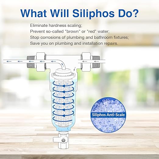 SimPure DC5S 40 Micron Spin Down Sediment Filter, Reusable Whole House Sediment Water Filter Softener with Siliphos Helps Prevent Scale and Corrosion, 1" MNPT + 3/4" FNPT + 3/4"MNPT, BPA Free