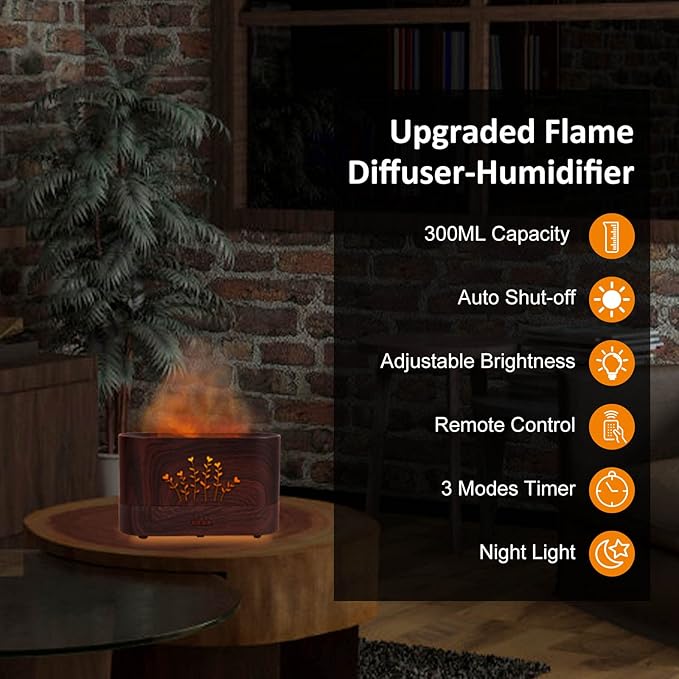 Flame Aroma Diffuser Humidifier,Auto-Off 300ml Essential Oil Diffuser for Large Room, Adjustable Brightness Air Humidifier with Timer for Home Office Spa Gym (Wood Grain)