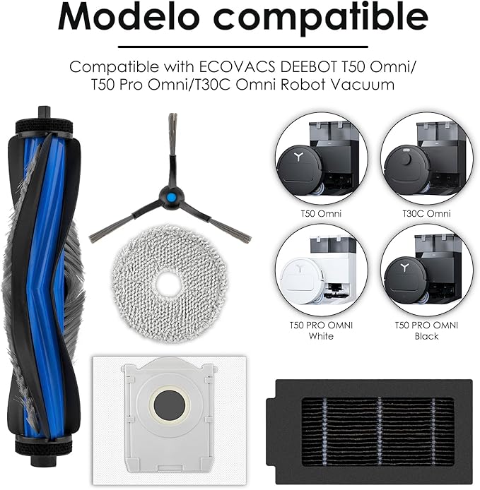 (24 Pack) T50 Pro Omni Replacement Parts Accessories for ECOVACS DEEBOT T50 Pro Omni, T50 Omni Robot Vacuum, 1 Roller Brush, 6 Side Brushes, 6 Dust Bags, 5 HEPA Filters, 6 Mop Pads