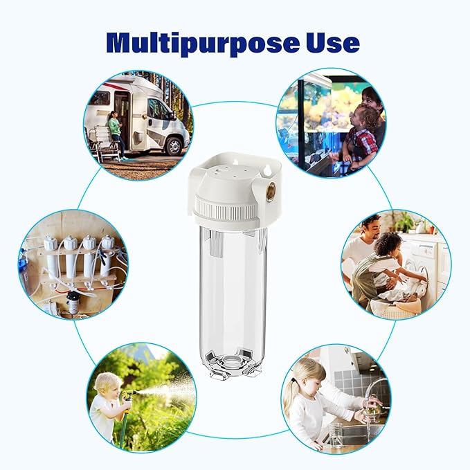 Whole House/RV Water Filter Housing Clear, 10" X 2.5" Inline Sediment Water Filter for RV, Home, Garden, Aquarium, Maple Syrup RO System, 3/4" G Brass Port, R-Type O-Ring, Bracketless - 1025CWH