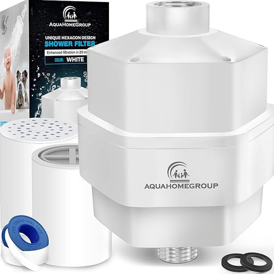 AquaHomeGroup 20 Stage Shower Filter for Hard Water - High Output Universal Shower Head Filter for Chlorine, Fluoride, Heavy Metals - Vitamin C E Shower Water Filter for Hair and Skin (White)
