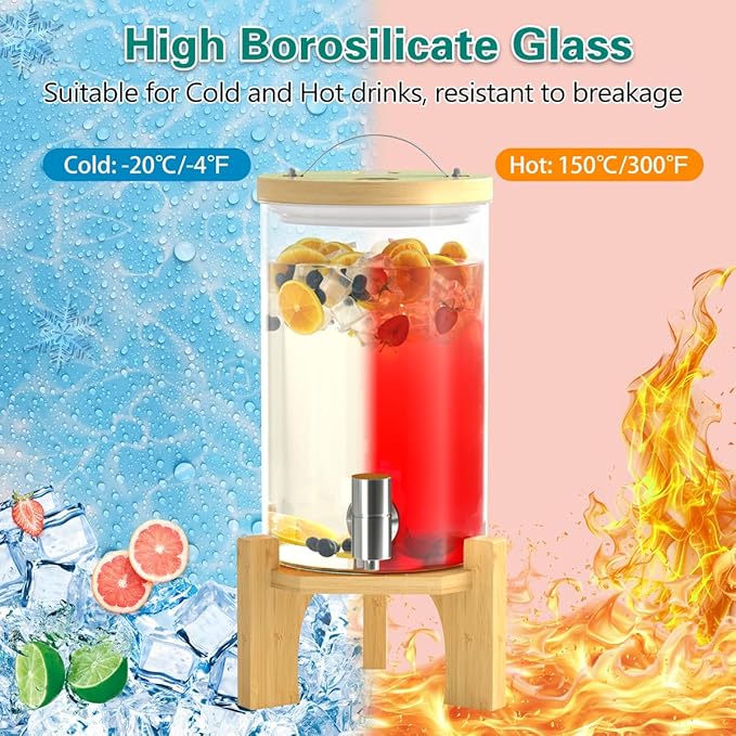 1.2 Gallon Glass Drink Dispenser For Parties, Beverage Dispenser With Bamboo Wood Stand And Stainless Steel Spigot, Countertop Water Dispenser, Lemonade Dispenser For Wedding, Picnic (1PACK)
