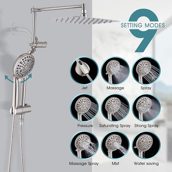 12" x 8" Rectangle High Pressure Rainfall Shower Head with Handheld Combo, 9 Setting Handheld Shower Head, Adjustable Height Shower Extension Arm and Slide Bar for Easy Reach - Brushed Nickel