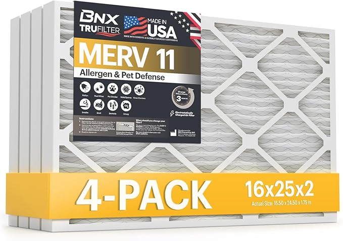 BNX TruFilter 16x25x2 Air Filter MERV 11 (4-Pack) - MADE IN USA - Allergen Defense Electrostatic Pleated Air Conditioner HVAC AC Furnace Filters for Allergies, Dust, Pet, Smoke, Allergy MPR 1200 FPR 7