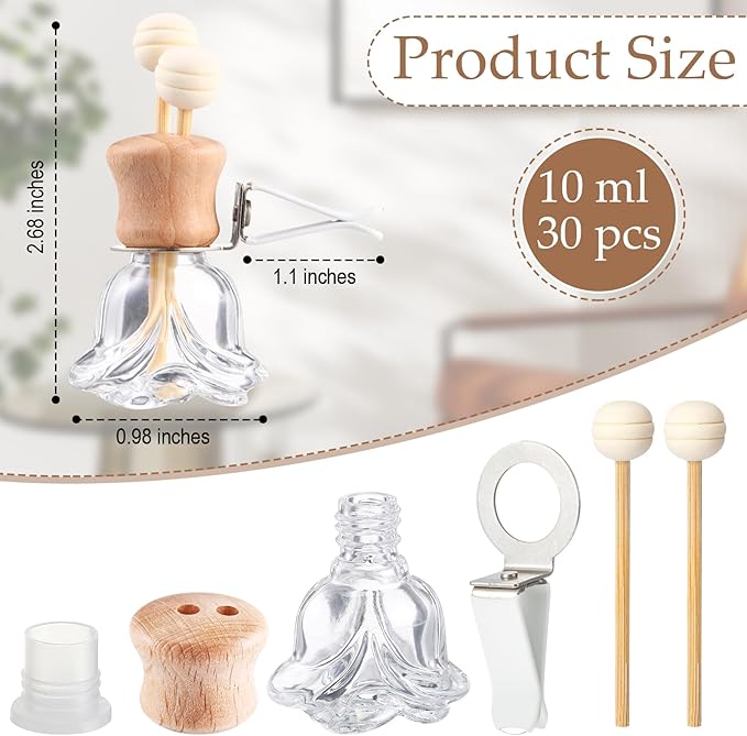 Zubebe 30 Pack Car Air Freshener Diffuser with Vent Clip Empty Car Diffuser Bottles for Essential Oil Perfume Glass Bottle with Wooden Caps Stick(Flower)