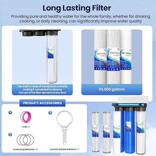 Whole House Water Filter System, 3-Stage Whole House Water Filtration System, 3/4 "Inlet/Outlet,Reduces Up to 99% of Chlorine, Sediment, Taste and Odor, with a Transparent Shell for The First Stage