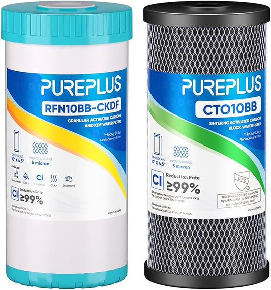 PUREPLUS 5 Micron 4.5"x 10" 2-Stage Whole House Water Filter Cartridge Combo Kit with KDF and Activated Carbon Block Filter, Replacement for WFHDC8001, CB-BB-10, GE FXHTC, GXWH40L, GXWH35F, 1PACK