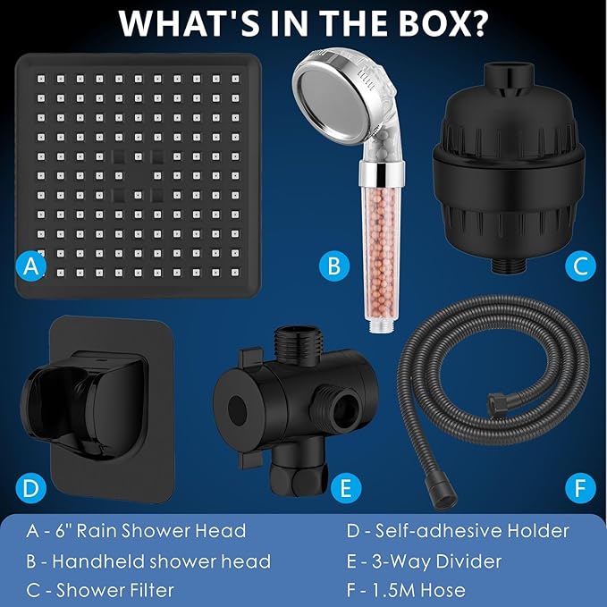 Voolan Filtered Shower Head Set, High Pressure Rain Shower with Handheld Showerhead Combo, Self-adhesive Holder/59" Hose, 20 Stage Filter Removes Chlorine and Harmful Substances (Square,Black)