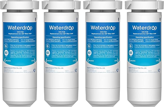 Waterdrop XWF Replacement for GE® XWF Refrigerator, GE® XWF Water Filter, WR17X30702, 4 Filters (Not XWFE®，No chip)