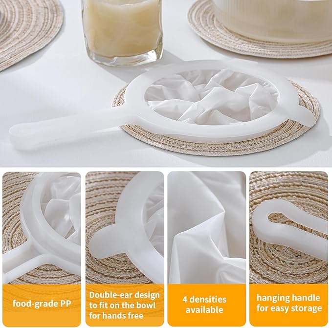 3-Piece Mesh Strainer Set with Handles & Hanging Loops, 100/200/300 Mesh, Nylon & Plastic Sieve for Tea, Coffee, Nut Milk, Juice, Broth, Smoothies, Reusable & Easy to Clean,Durable,Dishwarer Safe