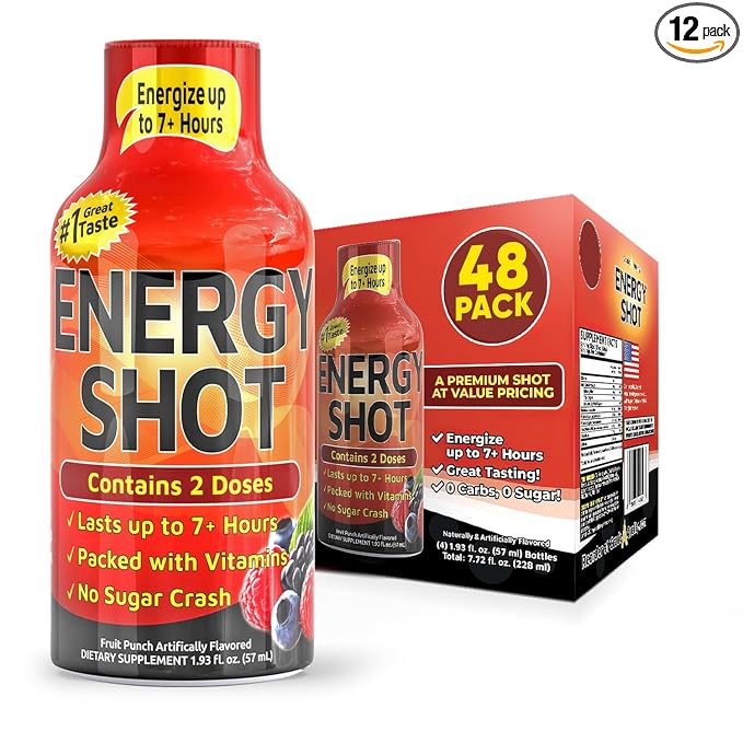 Energy Shot – 2 Servings – 100% DV B-Vitamins & 130mg Plant-Based Caffeine – Zero Calories, Sugar-Free, Vegan, Non-GMO – Energy & Productivity Support (1.93 Fl Oz (Pack of 48), Fruit Punch)